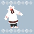 Silhouette of a smiling man in national Scandinavian fur clothing & traditional snowflake pattern